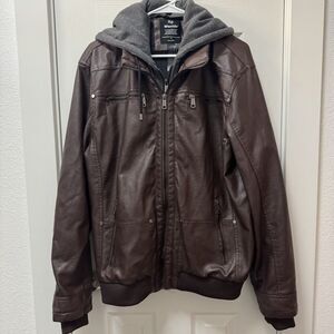 Wantdo Men's Faux Leather Jacket with Removable Hood Bomber Jacket Brown‎